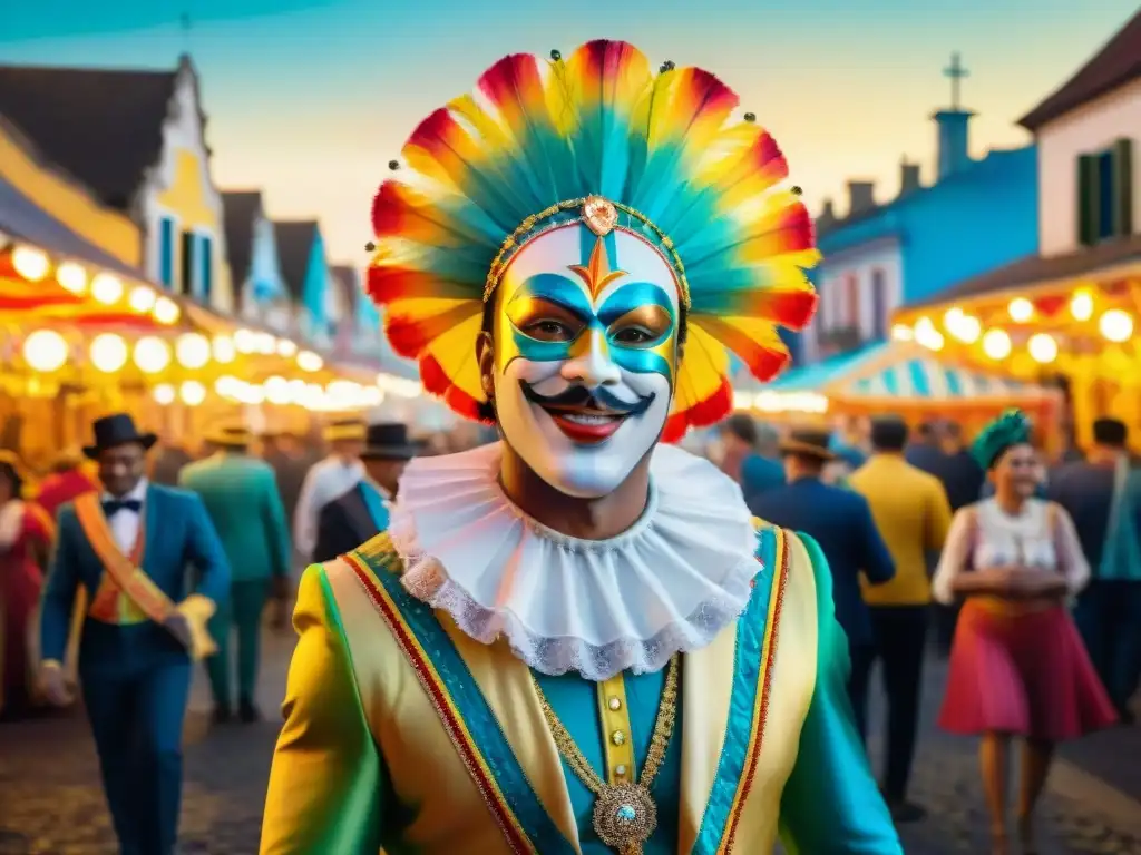 Coloridas calles de Colonia durante el Carnaval uruguayo, con música, trajes tradicionales y arquitectura colonial