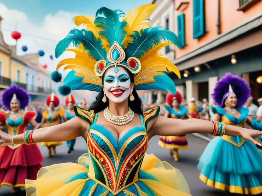 Coloridas y elaboradas vestimentas de Carnaval Uruguayo celebran diversidad e inclusión en desfile con revistas y parodistas