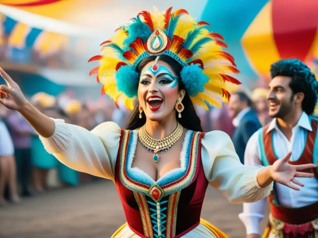 Colorido arte acuarela de humoristas uruguayos en el Carnaval, trajes tradicionales y alegría festiva