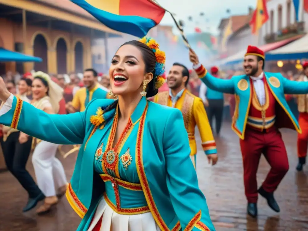 Colorido baile de Carnaval en Uruguay, con danzantes alegres y festiva multitud