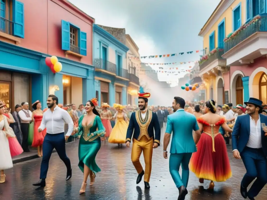 Colorido Carnaval en Uruguay: Calle bulliciosa llena de danzantes y música tradicional