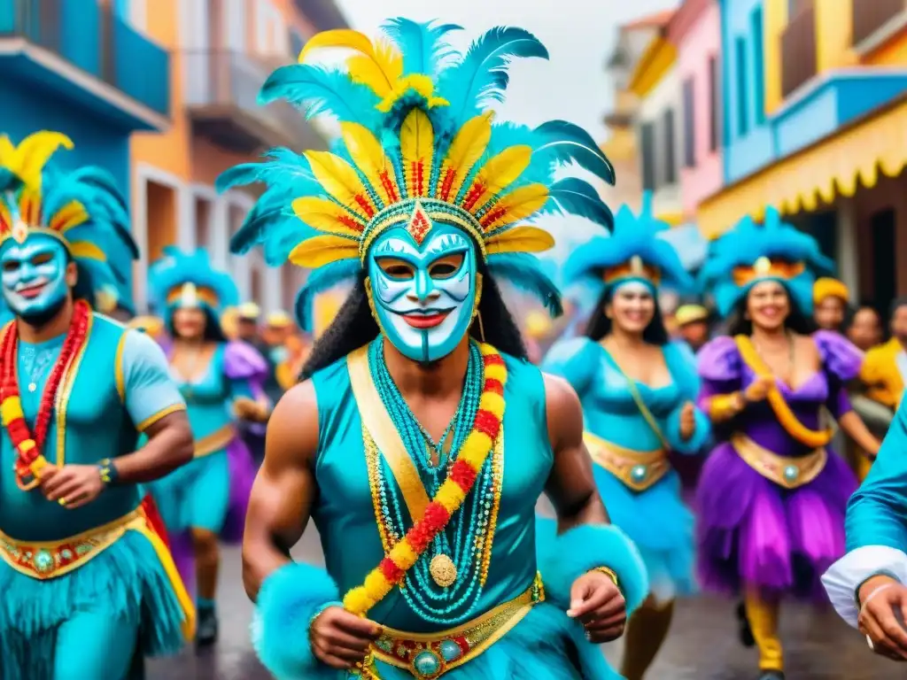 Colorido Carnaval en Uruguay con danzas, máscaras y edificios coloniales