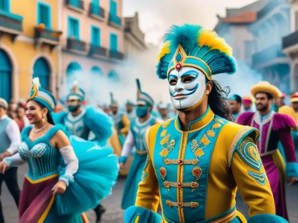 Colorido Carnaval en Uruguay: danzas vibrantes y máscaras tradicionales en desfile festivo, preservación de la historia Carnaval Uruguayo