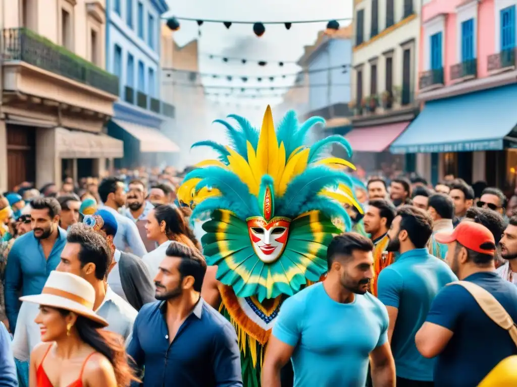 Colorido Carnaval en Uruguay con desfile de carros alegóricos y bailarines en trajes llamativos