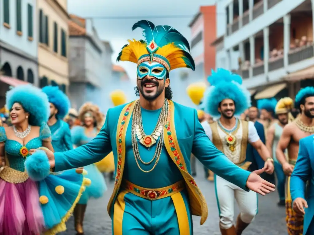 Colorido Carnaval en Uruguay: comunidad celebrando con disfraces y máscaras, carrozas y confeti en las calles