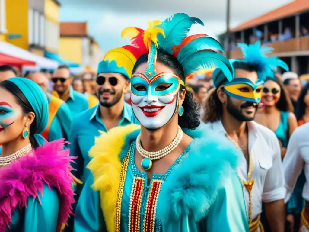 Colorido Carnaval en Uruguay: gente de todas las edades, etnias y géneros en desfile alegre