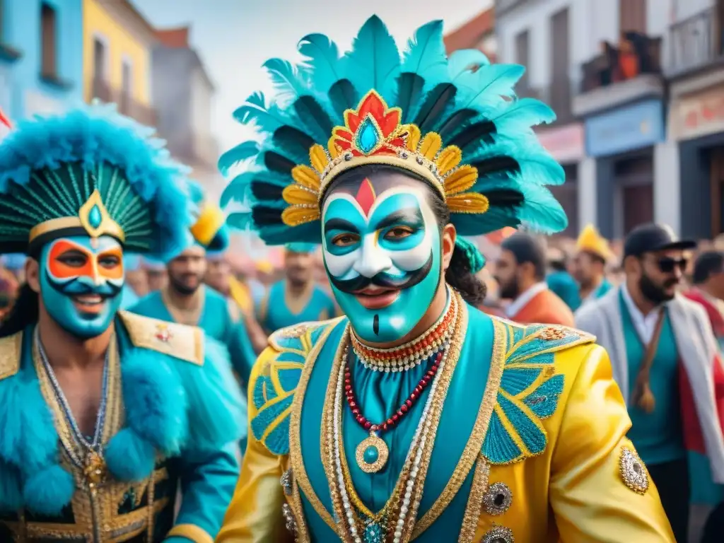 Colorido Carnaval en Uruguay con graffiti impacto social, desfile vibrante y espectadores animados