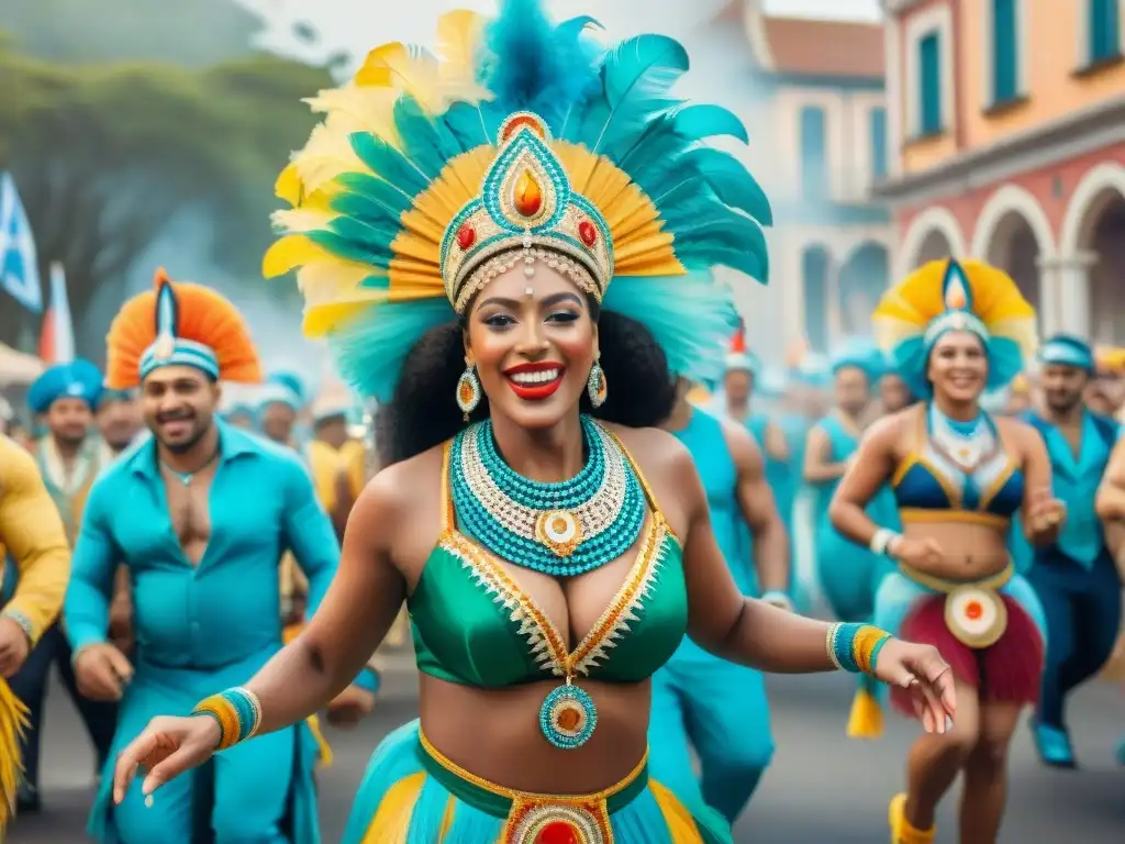 Colorido Carnaval en Uruguay: influencia de diásporas, diversidad y alegría en vibrante desfile de grupos con trajes festivos y espectadores felices