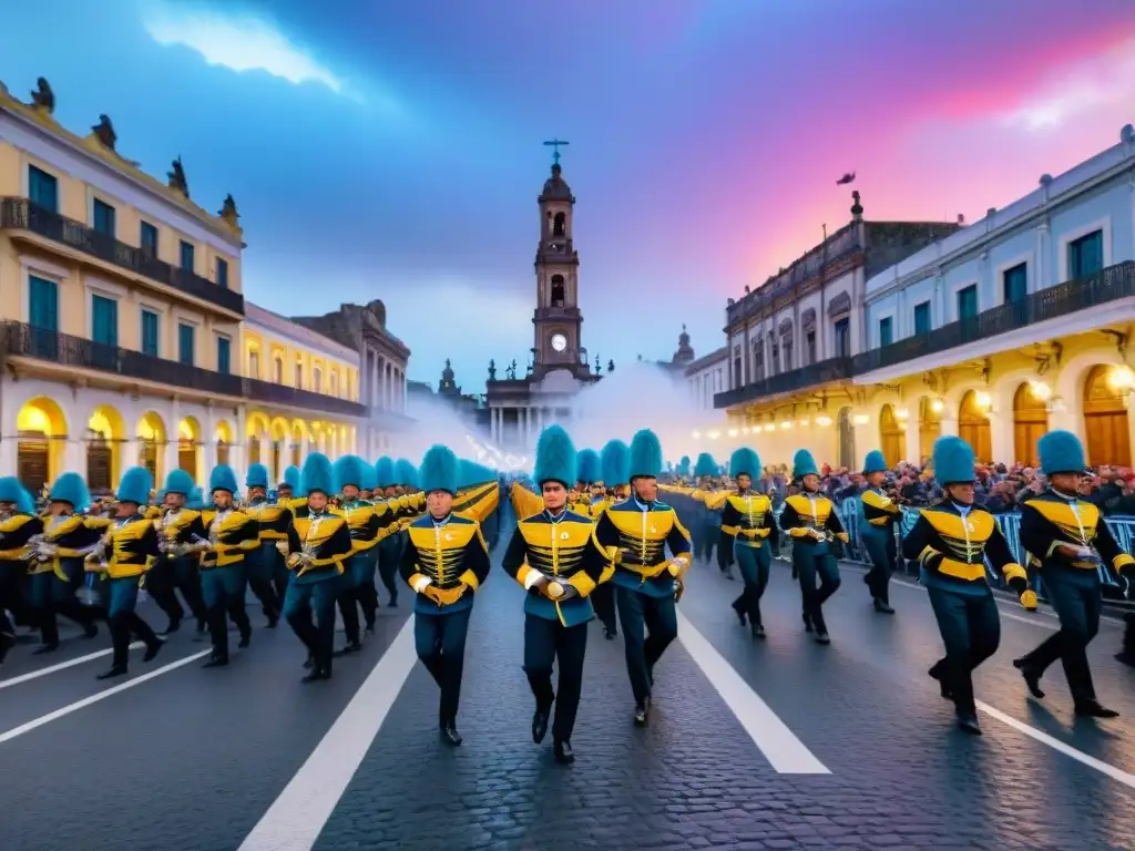 Colorido Carnaval en el interior de Uruguay: desfile vibrante con música tradicional, fuegos artificiales y arquitectura colonial