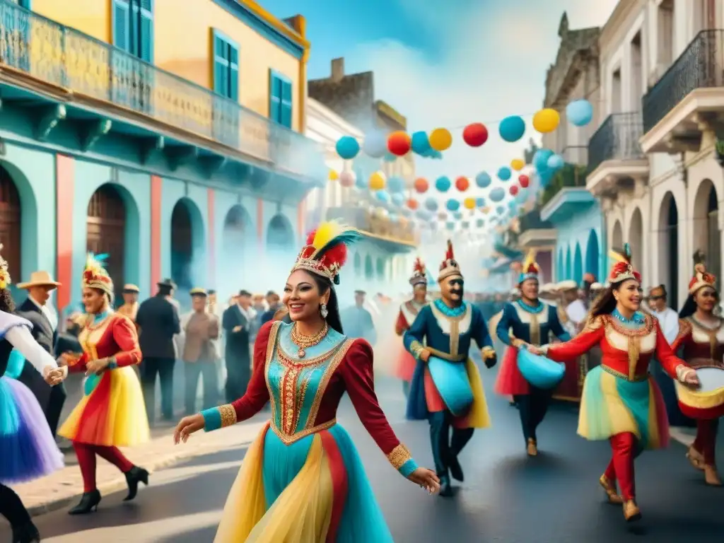 Colorido Carnaval en Uruguay: gente bailando y máscaras vibrantes en la plaza