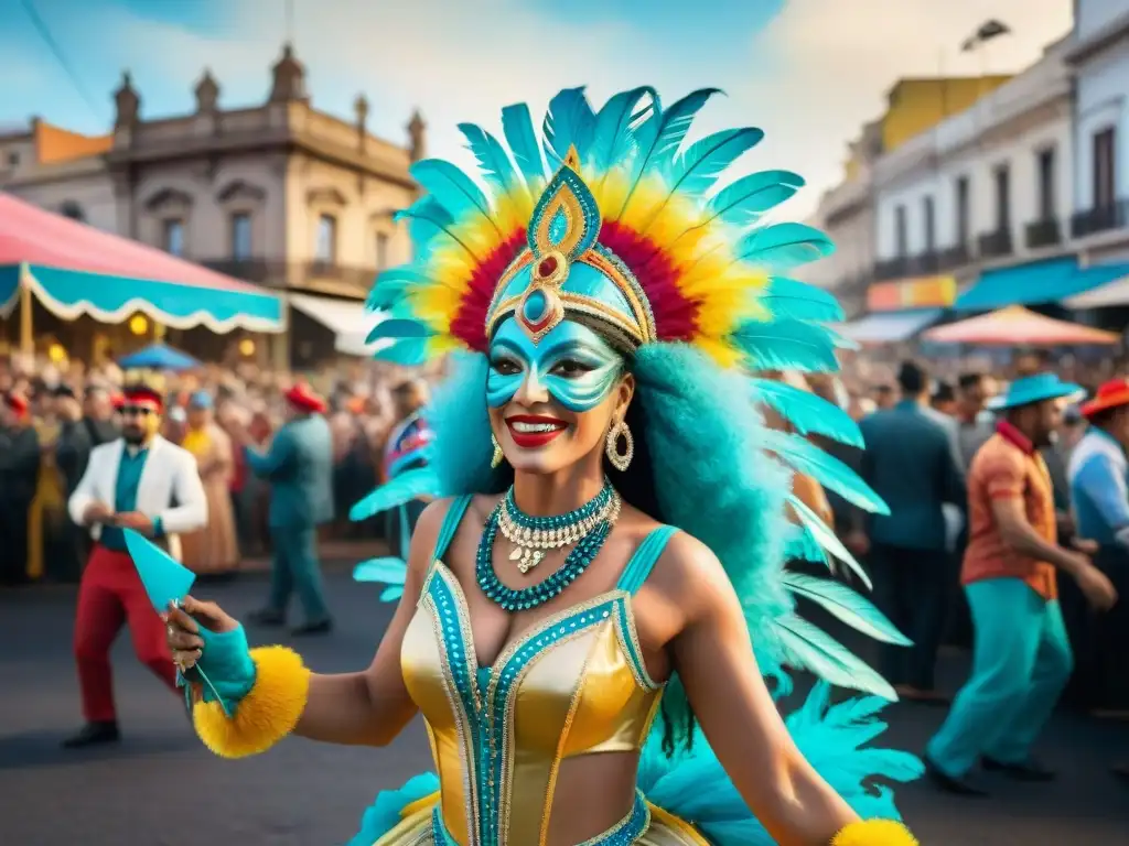 Colorido Carnaval en Montevideo, Uruguay: Danzas, músicos y espectadores animados en calles históricas