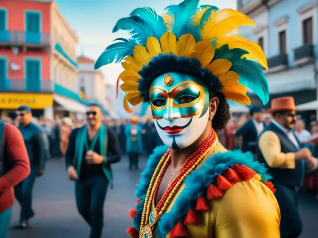 Colorido Carnaval en Uruguay con personas de todas las edades y géneros celebrando, destacando la salud sexual y reproductiva