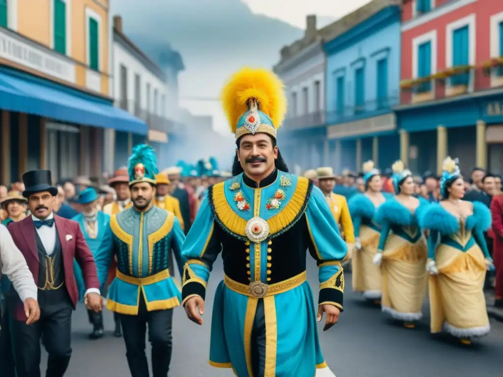 Colorido Carnaval Uruguayo en los años 1900: desfile vibrante con trajes elaborados, carrozas y multitud jubilosa