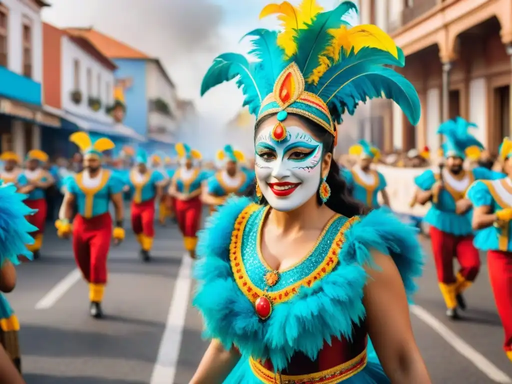 Colorido Carnaval Uruguayo: bailarines, música alegre y decoraciones festivas en las calles