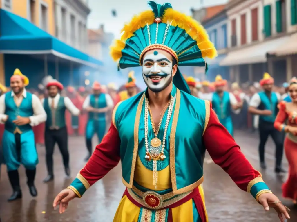 Colorido Carnaval Uruguayo: calles rebosantes de bailarines, música tradicional y espectadores celebrando con confeti