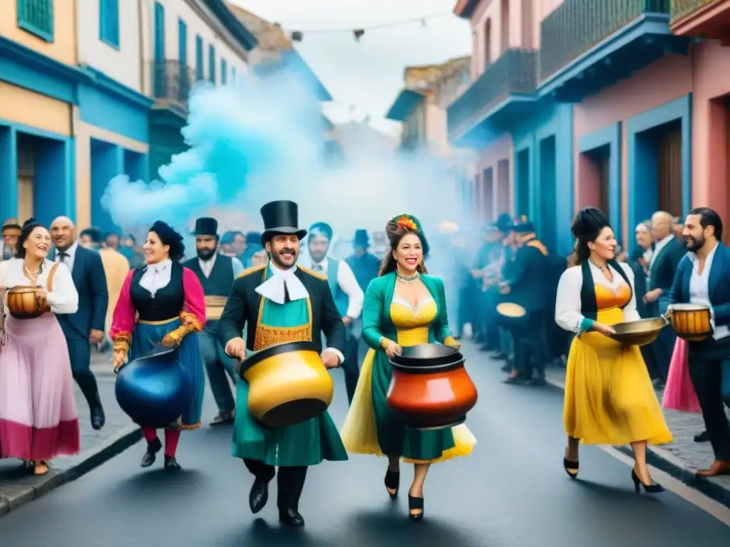 Colorido carnaval uruguayo con cazuela tradicional y celebrantes disfrutando la fusión cultural