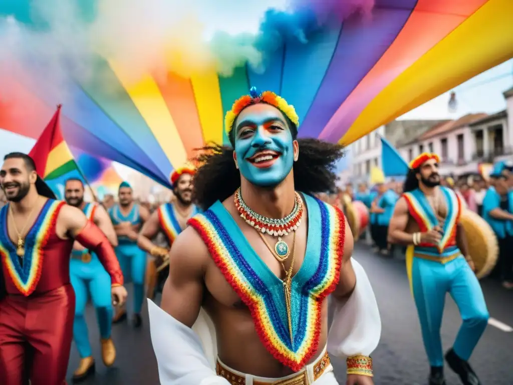 Colorido desfile LGBT+ del Carnaval Uruguayo con comparsas vibrantes y diversidad