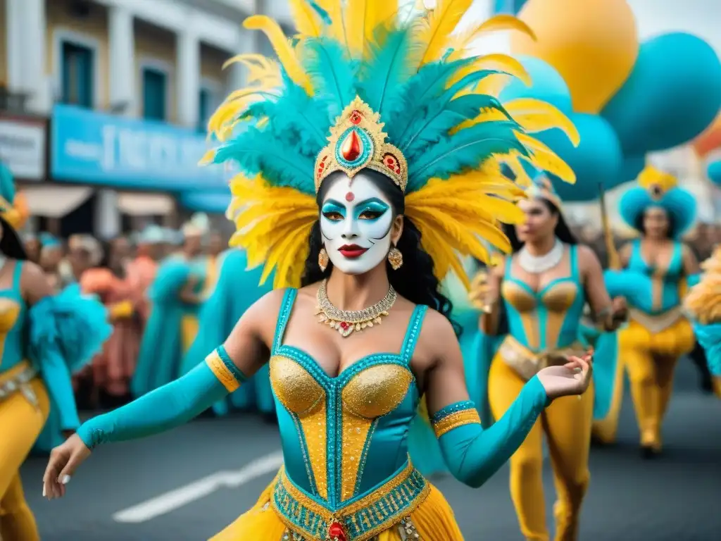 Colorido Carnaval uruguayo con danzas, carros alegóricos y multitud alegre, capturado con detalle y tecnología