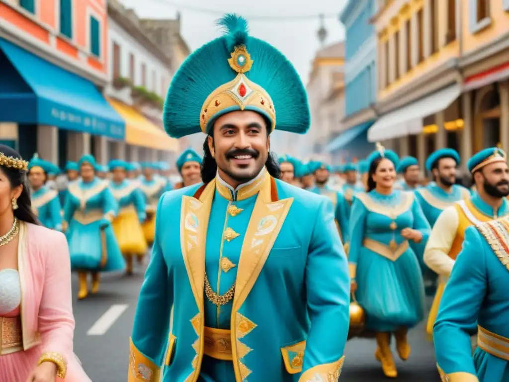 Colorido Carnaval Uruguayo: desfile alegre con carros y trajes vibrantes, músicos y bailarines, celebrando la nostalgia de los emigrantes