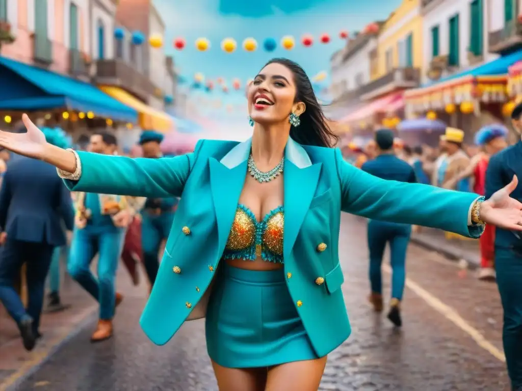 Colorido carnaval uruguayo con desfile de carrozas y danzas, reflejando la alegría y la energía