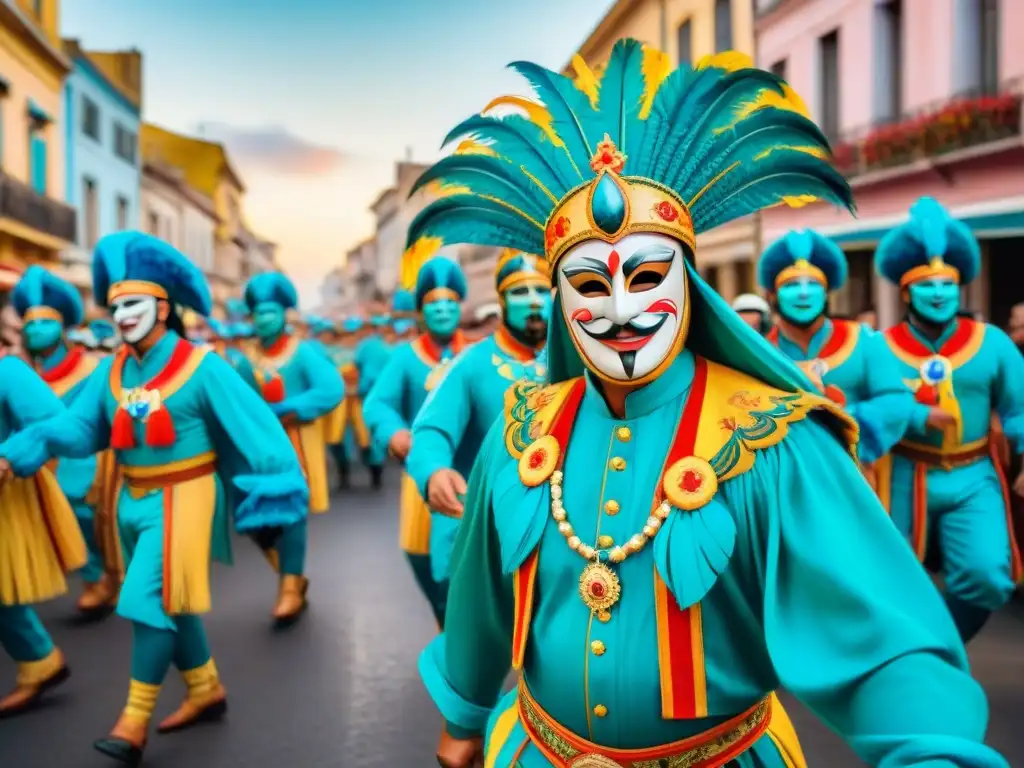 Colorido Carnaval Uruguayo: desfile vibrante con trajes tradicionales, máscaras e historias ancestrales