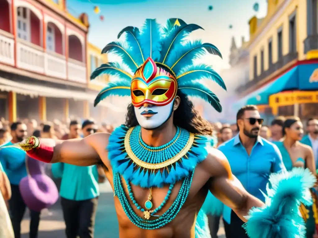 Colorido Carnaval Uruguayo: Diseño de stands Carnaval Uruguayo en un bullicioso escenario festivo con deslumbrantes máscaras y banderas