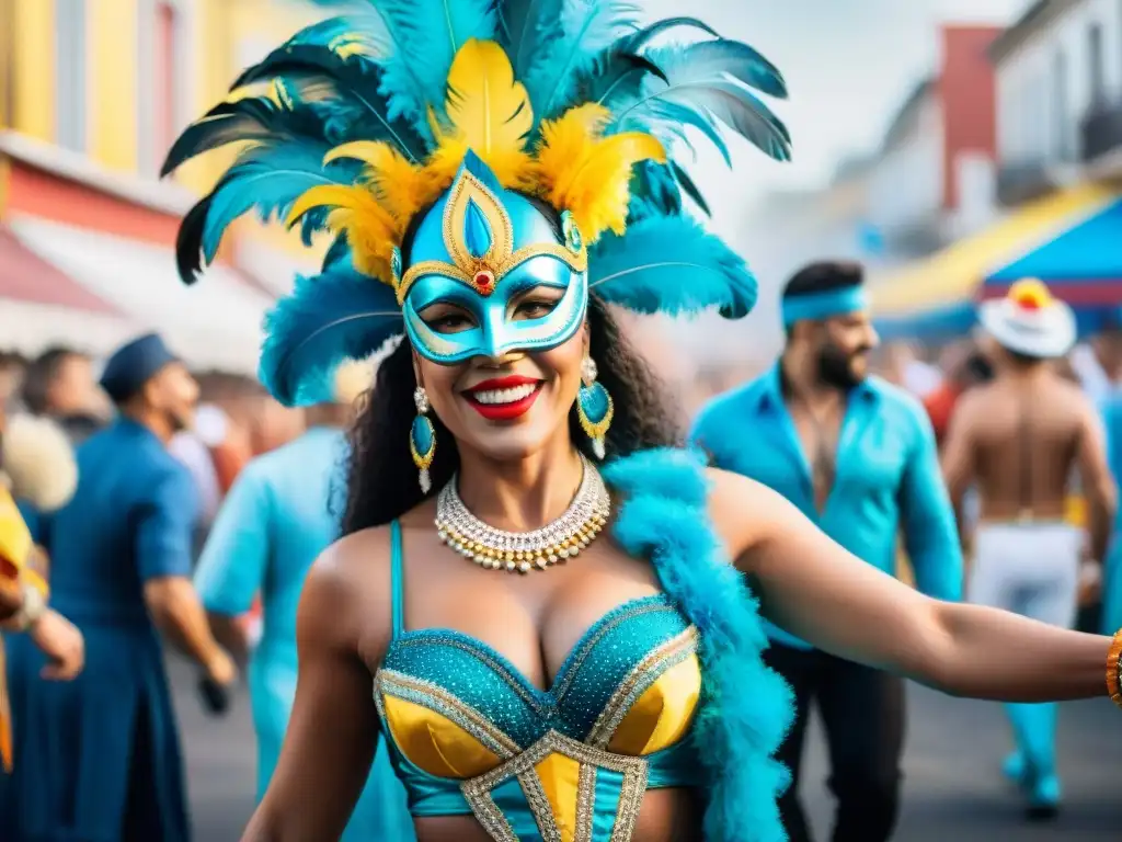 Colorido Carnaval Uruguayo con inclusión en la diversidad, artistas de diferentes culturas y identidades bailando alegremente