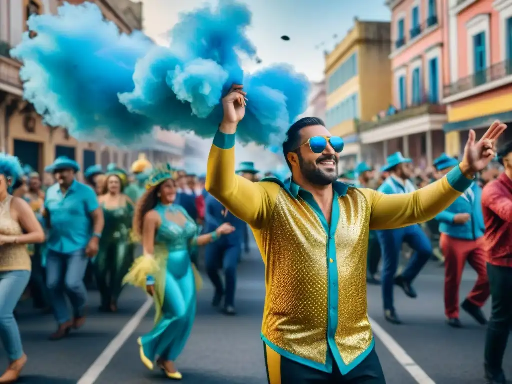 Colorido Carnaval Uruguayo: familias en desfile alegre, música vibrante, carrozas decoradas y confeti en el aire