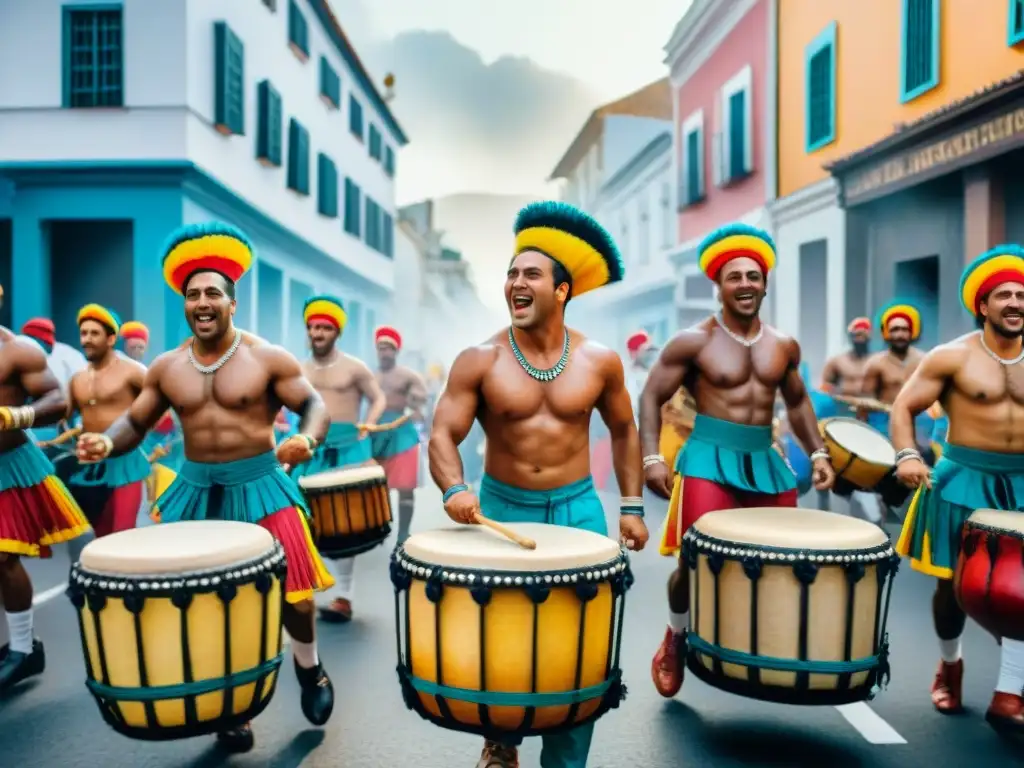 Colorido Carnaval Uruguayo festividades principales en vibrante pintura acuarela: desfile de Candombe con tambores, bailes y banderas