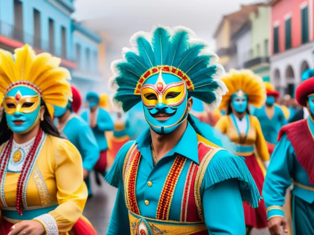 Colorido Carnaval Uruguayo difusión internacional digital: desfile vibrante lleno de música y baile alegre