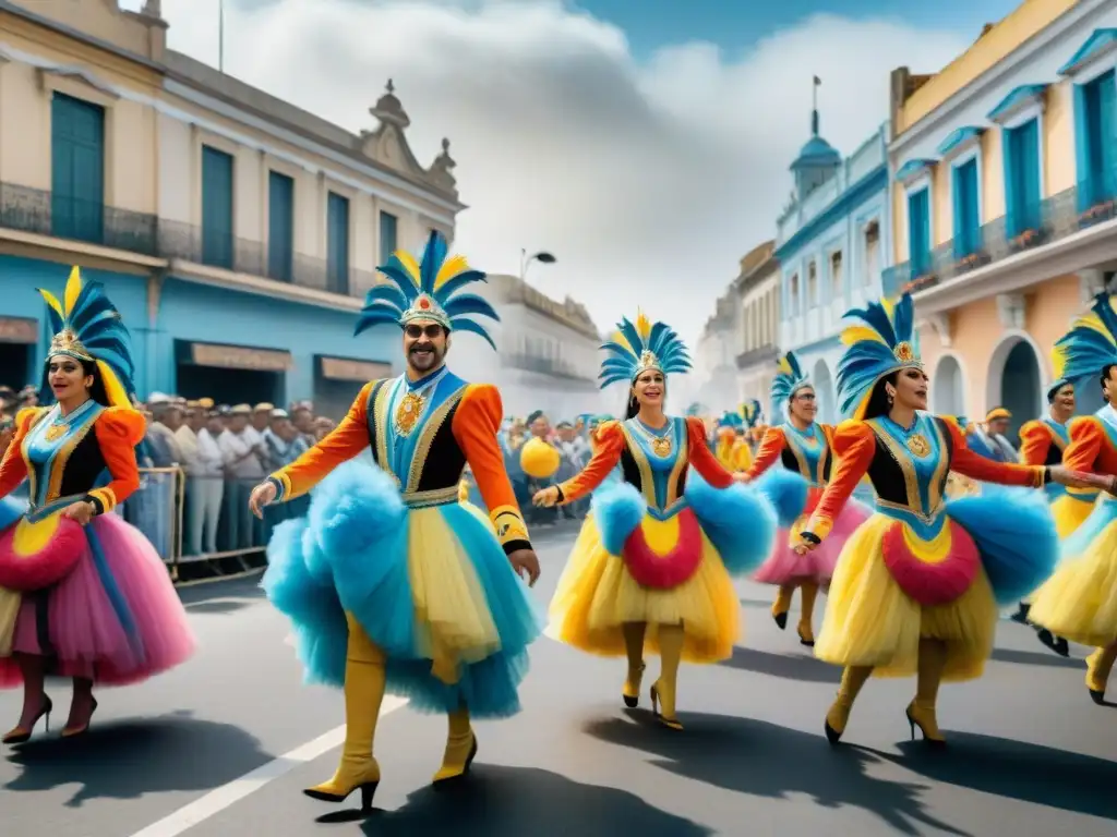 Colorido carnaval uruguayo con murgas, bailes y crítica política en pintura acuarela intrincada