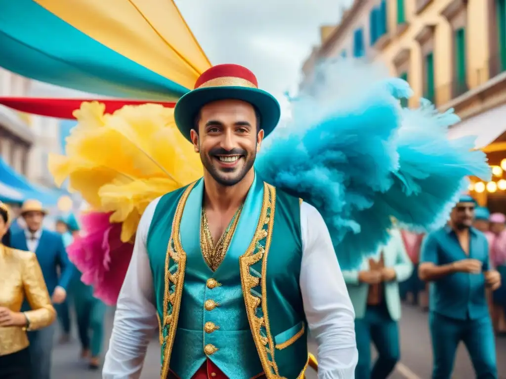 Colorido Carnaval Uruguayo: Participantes en vibrante desfile, danzando con alegría en las calles