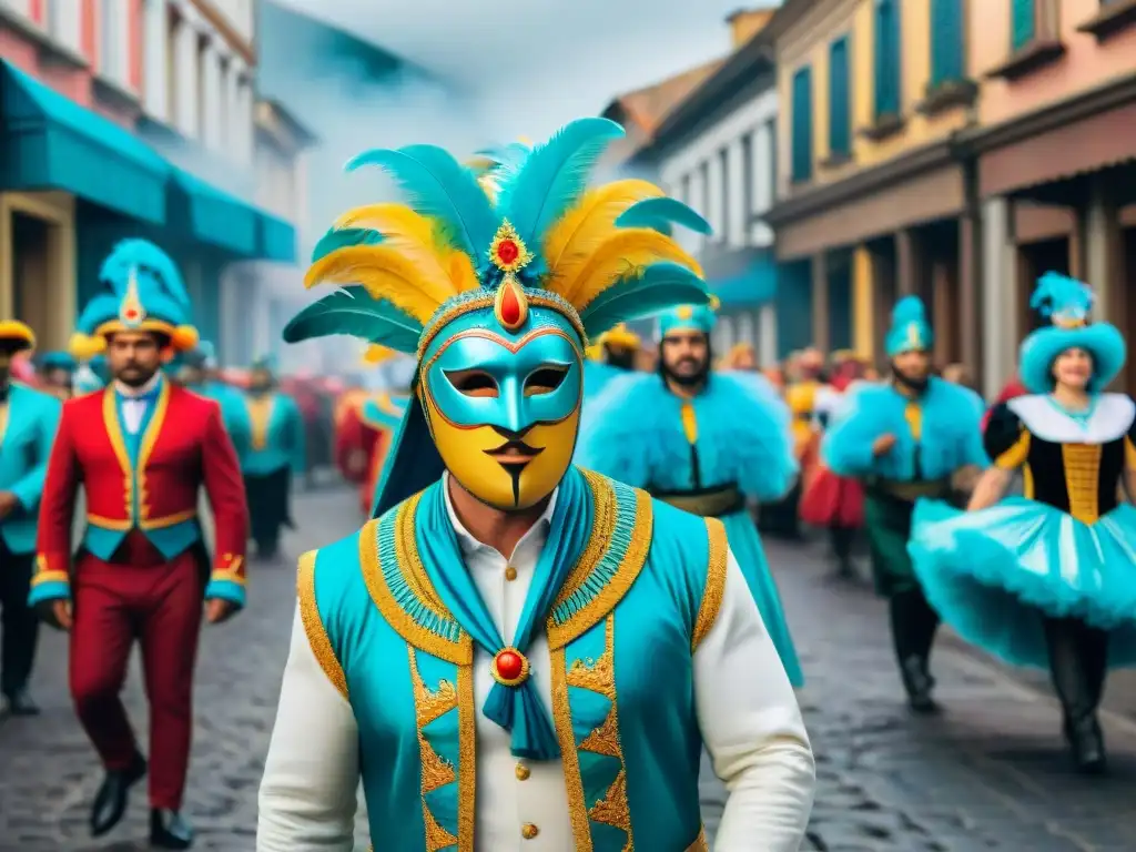 Colorido Carnaval Uruguayo con Sabor tradición: desfile de máscaras y música en las calles empedradas