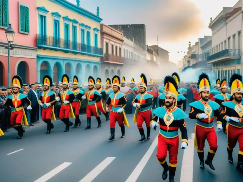 Colorido Carnaval Uruguayo del siglo XX: desfile de danzas, músicos y espectadores