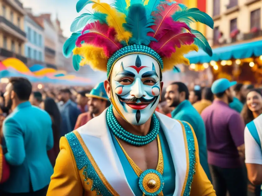 Un colorido Carnaval Uruguayo: Viajero en traje vibrante rodeado de gente con máscaras, baile y música