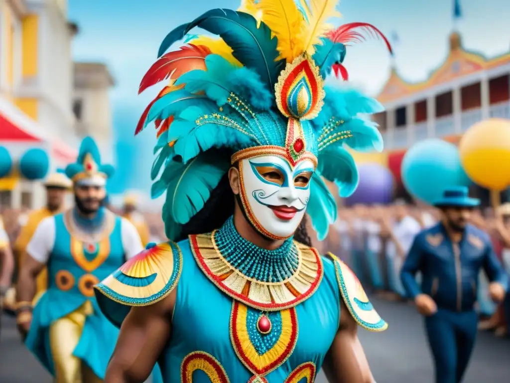 Colorido Carnaval Uruguayo: vibrantes artistas, disfraces detallados, baile animado, desfile bullicioso y aficionados en redes sociales