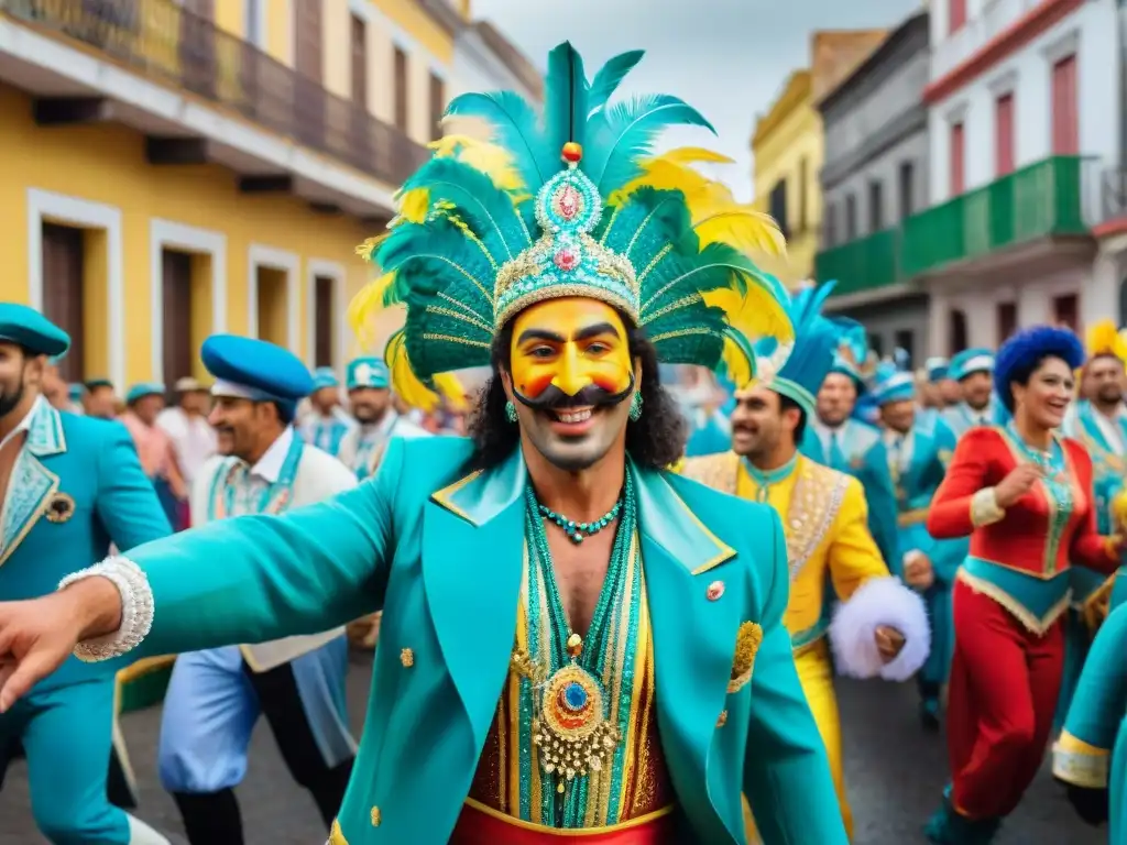 Colorido Carnaval en Uruguay: desfile vibrante entre edificios coloniales, palmeras y alegría