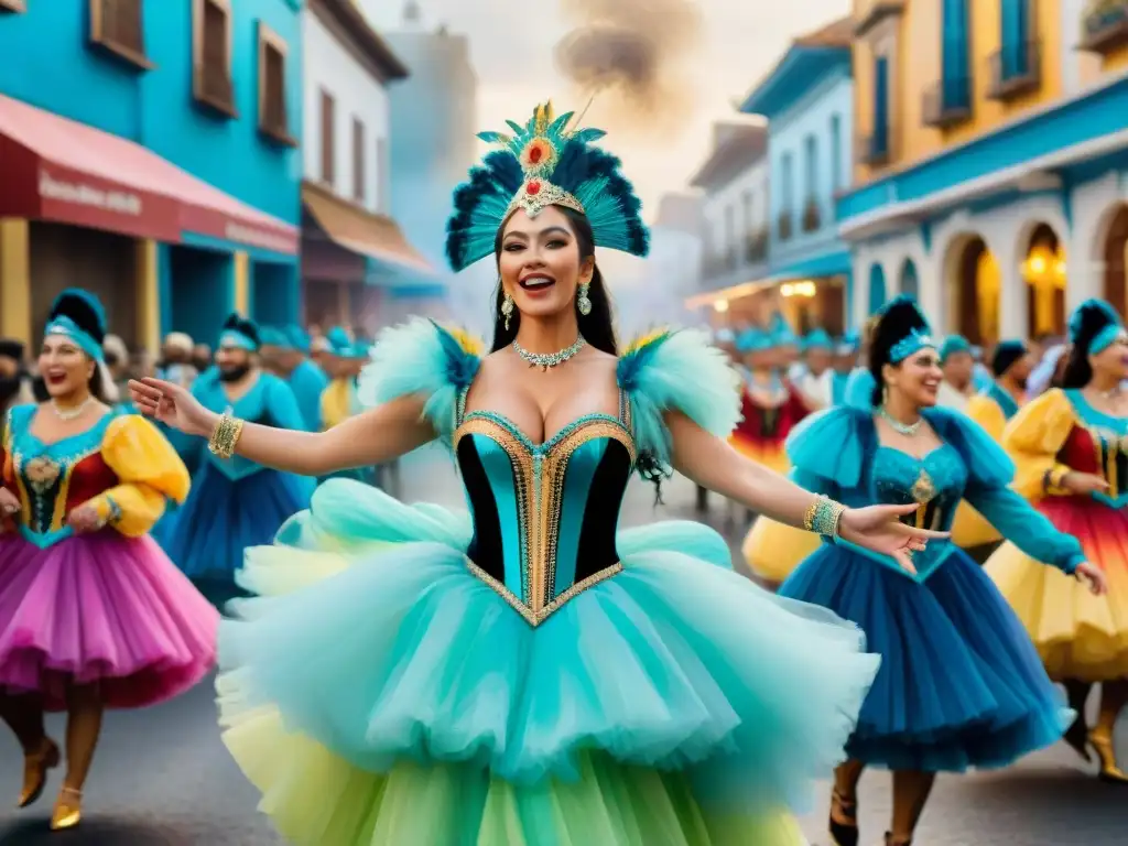 Un colorido cuadro de acuarela que retrata el vibrante Carnaval Uruguayo, con artistas y una mirada íntima a la celebración