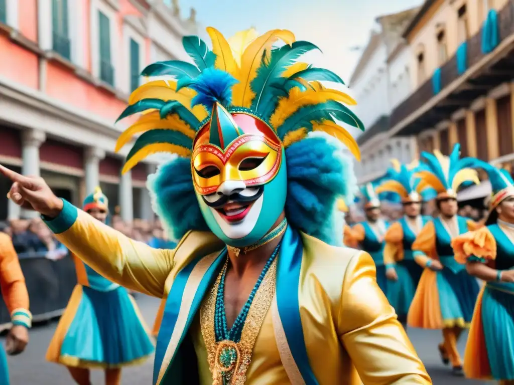 Colorido desfile callejero del Carnaval Uruguayo, con máscaras y trajes vibrantes, reflejando la herencia cultural y tradiciones del Carnaval Uruguayo