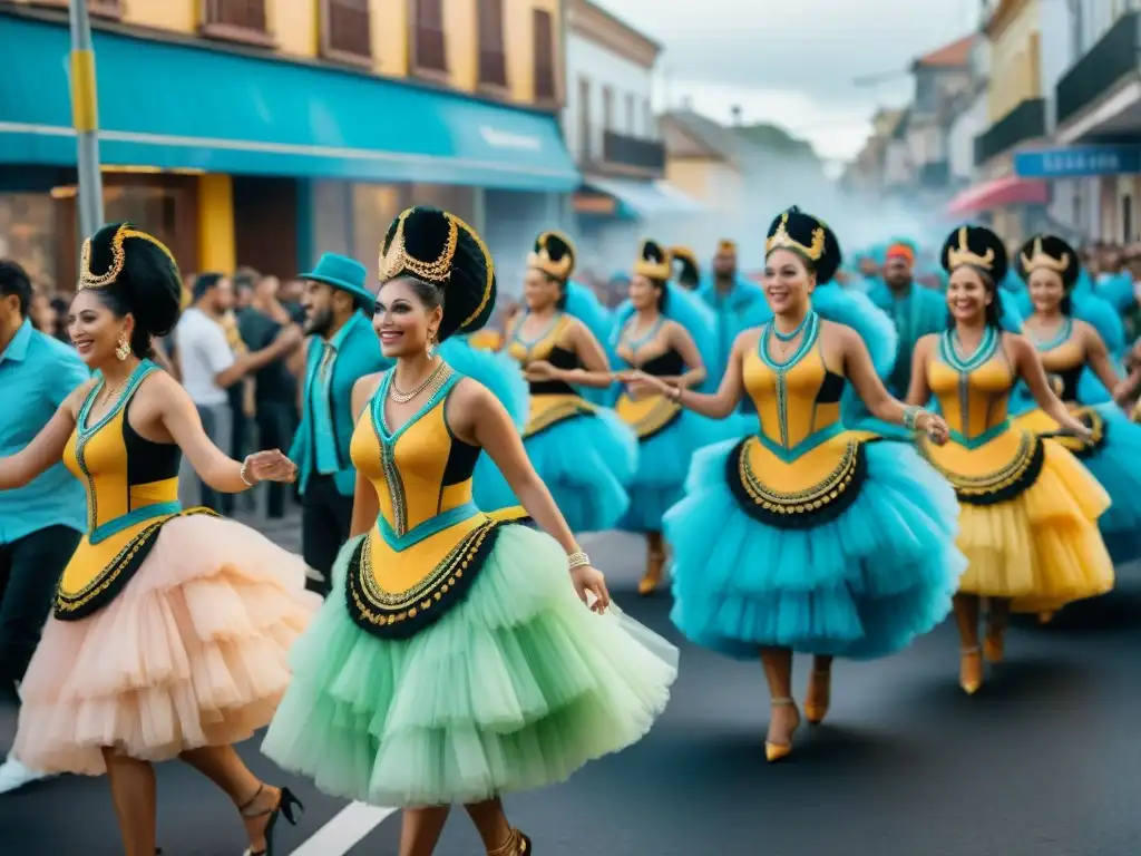 Colorido desfile callejero del Carnaval Uruguayo, con danzas alegres y lazos comunitarios vibrantes