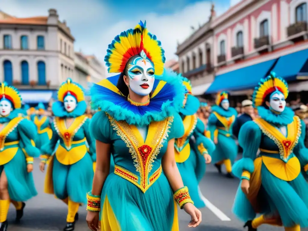 Colorido desfile callejero del Carnaval Uruguayo con carrozas, bailarines y espectadores