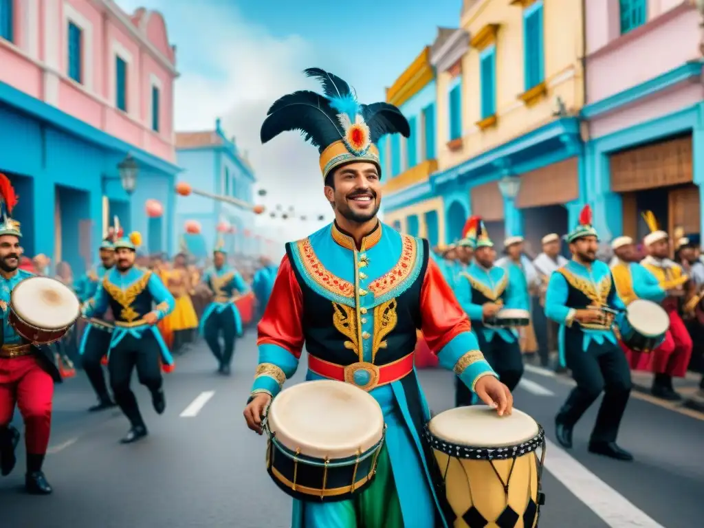 Colorido desfile callejero durante el Carnaval en Uruguay, con la Ruta del tambor Carnaval Uruguayo