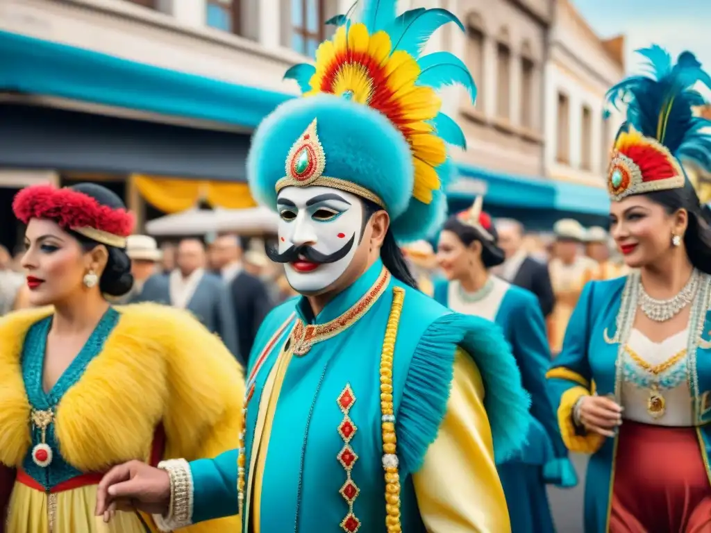 Colorido desfile de Carnaval en Uruguay entre 1931-1960, con danzarines y carros alegóricos