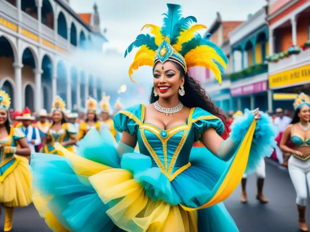 Colorido desfile de Carnaval con artistas en trajes elaborados, música alegre y gente animada