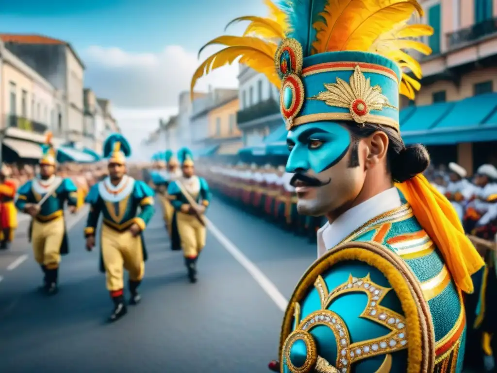 Colorida celebración de Carnaval en Uruguay Colorido desfile de Carnaval en Uruguay con bailarines, músicos y espectadores, reflejando la cultura de Alimentos tradicionales Carnaval Uruguayo