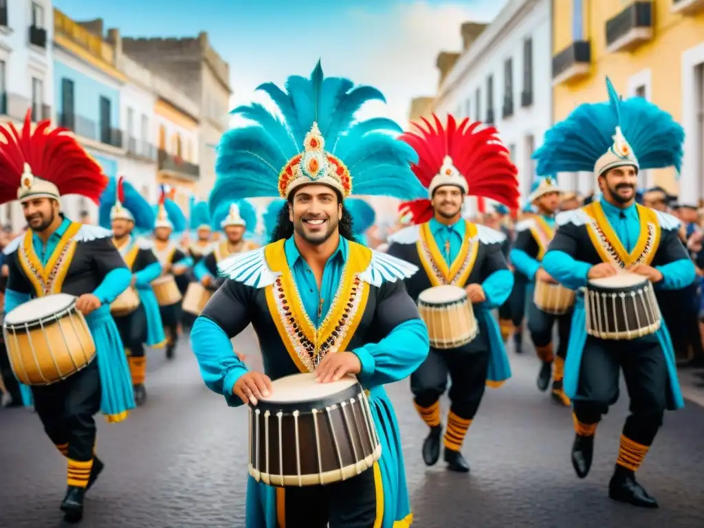 Colorido desfile de Carnaval en Uruguay con bailarines, tambores y espectadores, sonidos característicos del Carnaval Uruguayo