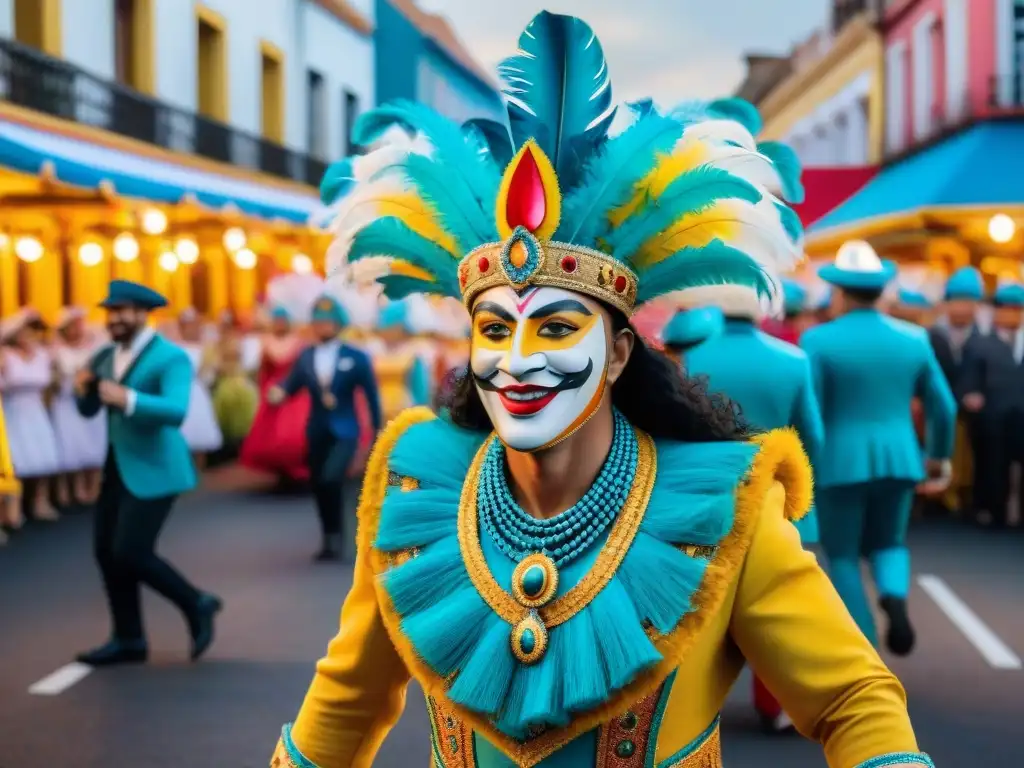 Colorido desfile de Carnaval en Uruguay: carrozas, bailarines y multitud animada