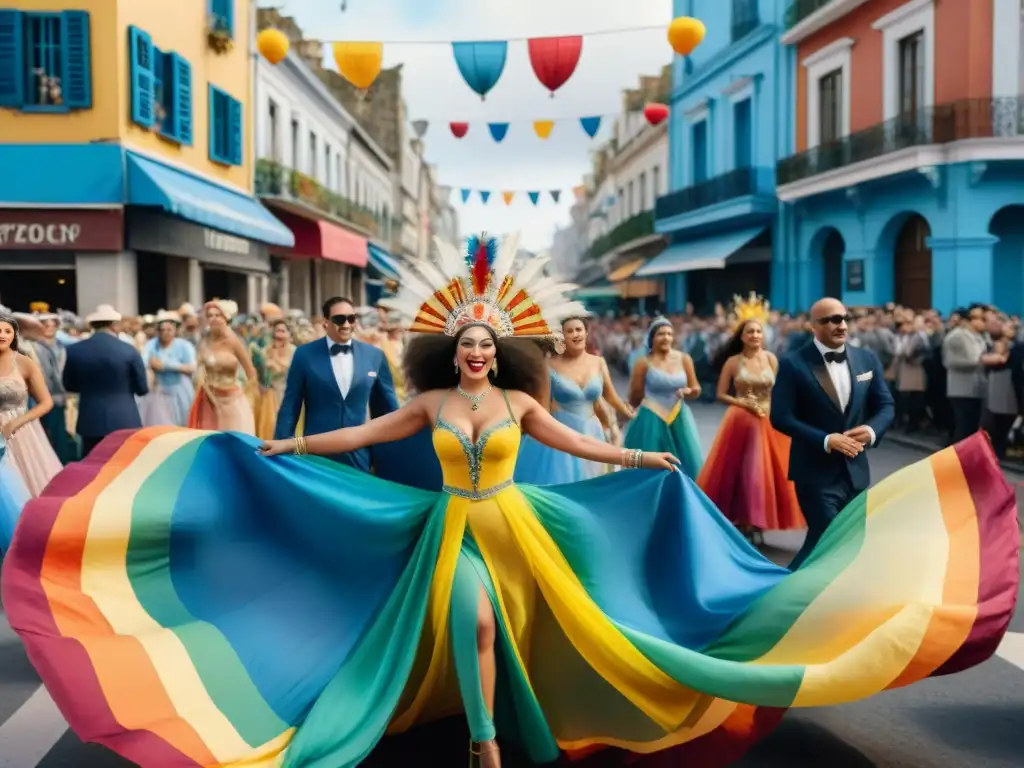 Colorido desfile de carnaval en Uruguay con bailarines, músicos, y espectadores