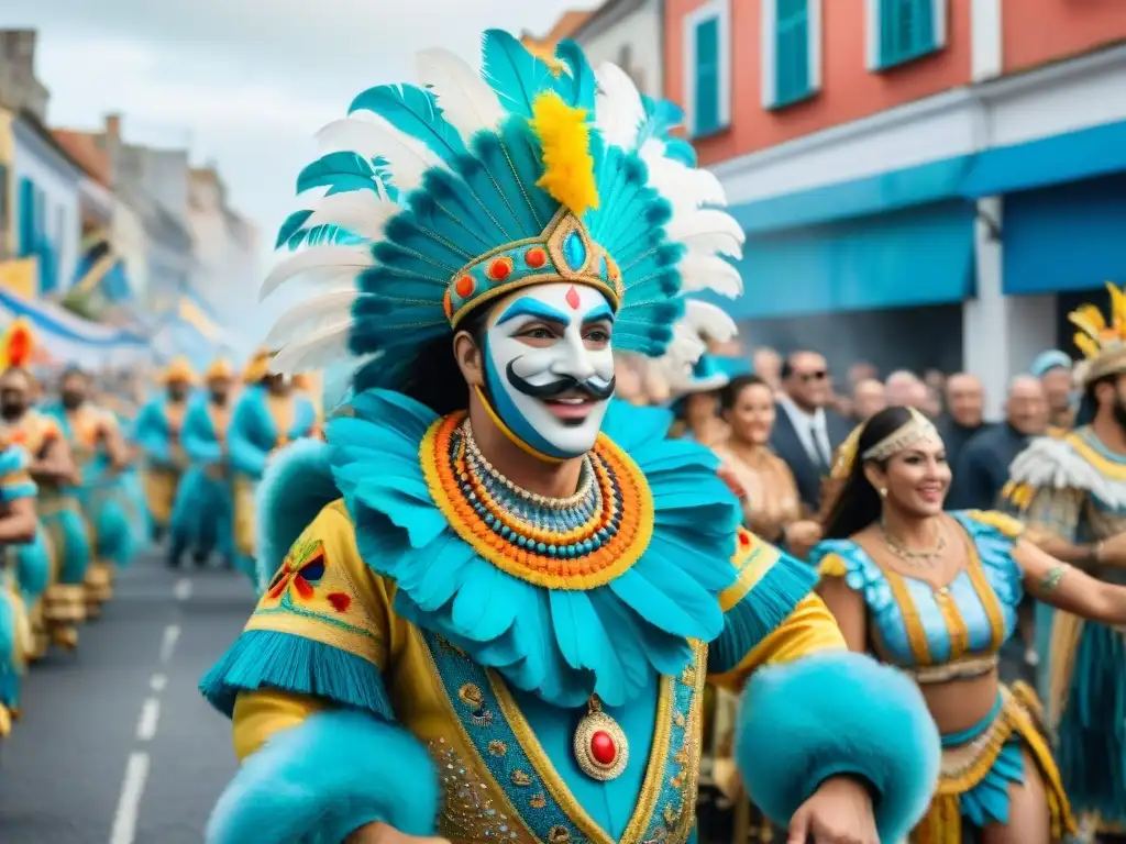 Colorido desfile de Carnaval en Uruguay, con carros alegóricos, bailarines y multitud emocionada