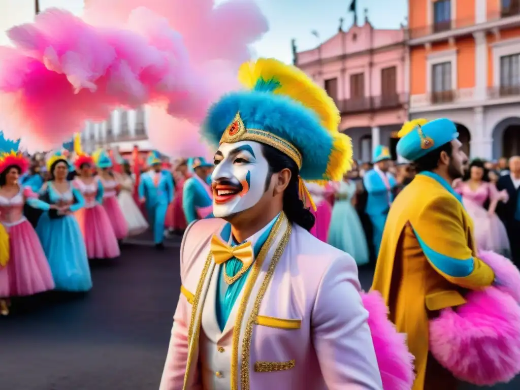 Colorido desfile de Carnaval en Uruguay con carros alegóricos y artistas bailando, bajo el cielo festivo